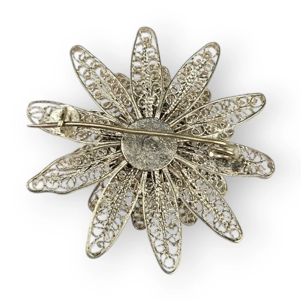 Spun Silver Filigree Flower Brooch Vintage Delicate Layered Petal Broach 1.75" - Picture 5 of 7